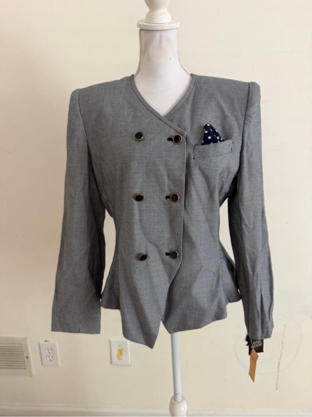 Vintage Kasper ASL Women's Double Breasted Blazer Blue  Plaid Size 12 NWT